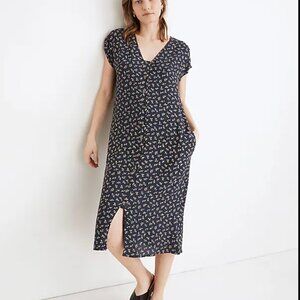 Madewell Easy Midi Dress Spring Fling Floral Blue Button Front XL Navy V-Neck